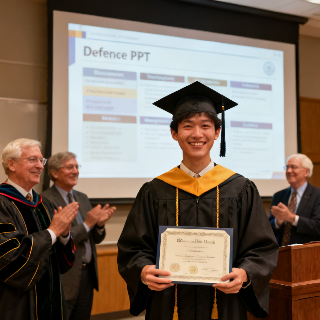 A confident graduate student smiling while holding a certificate, standing in front of a projection screen displaying a well-organized defense PPT, with professors nodding in approval.