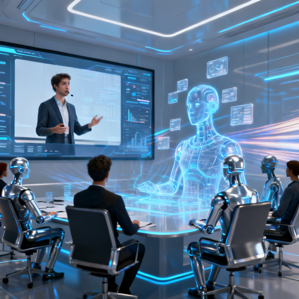 A person presenting in a virtual meeting, with a holographic AI avatar speaking on screen, multiple audience avatars listening, sleek modern interface, high tech