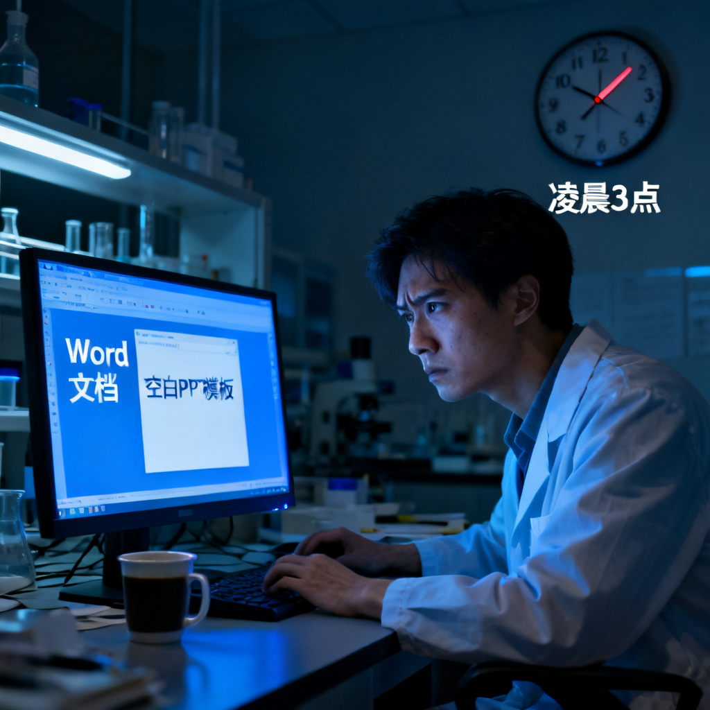 深夜实验室场景，一名研究生面对电脑屏幕，屏幕上显示Word文档和空白PPT模板，咖啡杯空，时钟指向凌晨3点，氛围焦虑且疲惫。