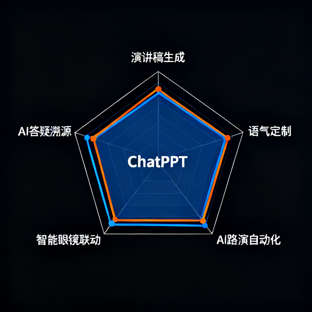 一张雷达图，五个对比维度分别为演讲稿生成、语气定制、AI路演自动化、智能眼镜联动、AI答疑溯源，ChatPPT在五个维度上均接近满格，其他四个产品仅在一个或两个维度上达到中等水平