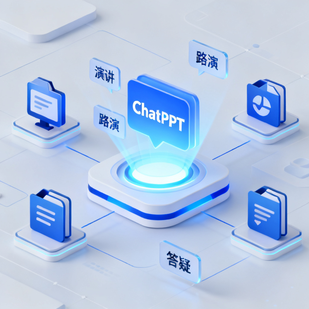 多个办公套件图标围绕一个中心发光体（代表ChatPPT），中心发光体投射出演讲、路演、答疑等功能模块，风格未来主义，扁平化设计