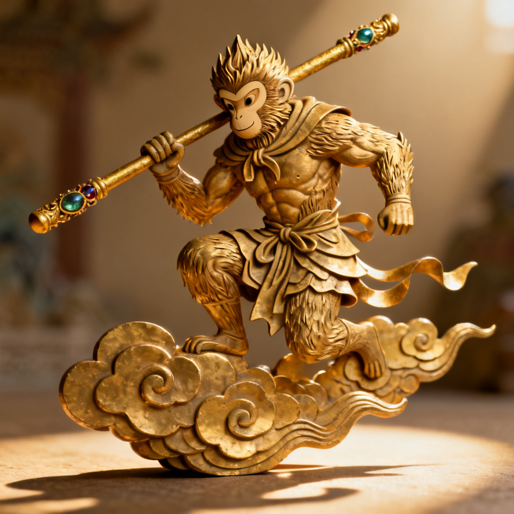 3D西游记风格，孙悟空与筋斗云立体建模，浮雕质感，暖金色调，皮影戏光影效果，细节丰富