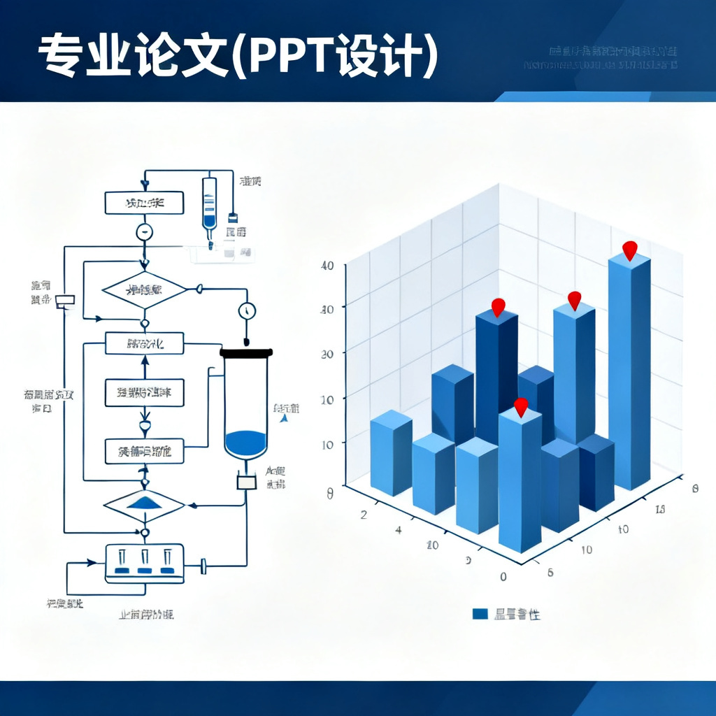 ChatPPT生成的论文PPT页面，左侧为清晰的实验流程图，右侧为带有显著性标记的多维柱状图，整体排版整洁、配色专业
