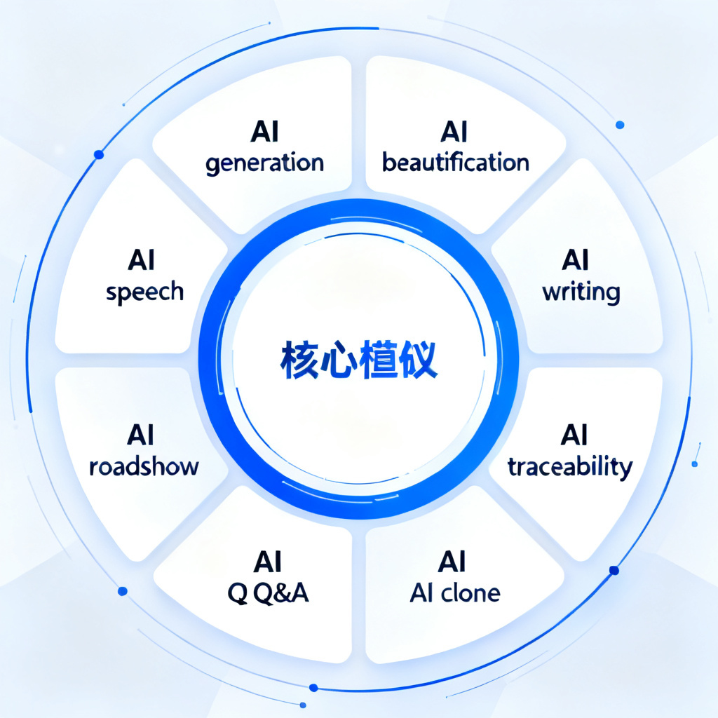 A circular diagram of 8 core modules: AI generation, AI beautification, AI writing, AI traceability, AI speech, AI roadshow, AI Q&A, AI clone, tech style, blue and white colors.
