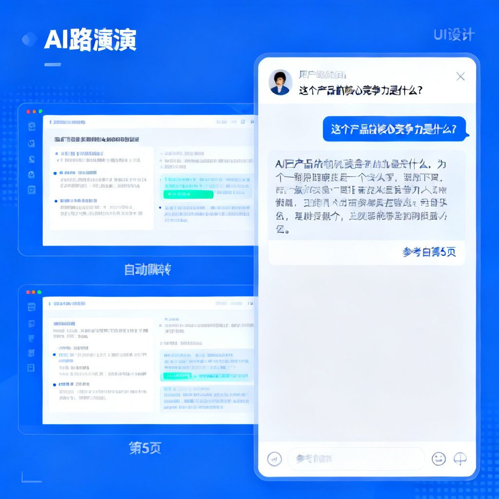 一个AI路演页面，右侧有一个聊天窗口，用户正在提问“这个产品的核心竞争力是什么？”，AI在下方给出了答案，并在答案后面标注了“参考自第5页”，同时左侧的PPT页面自动跳转到了第5页，高亮了相关内容