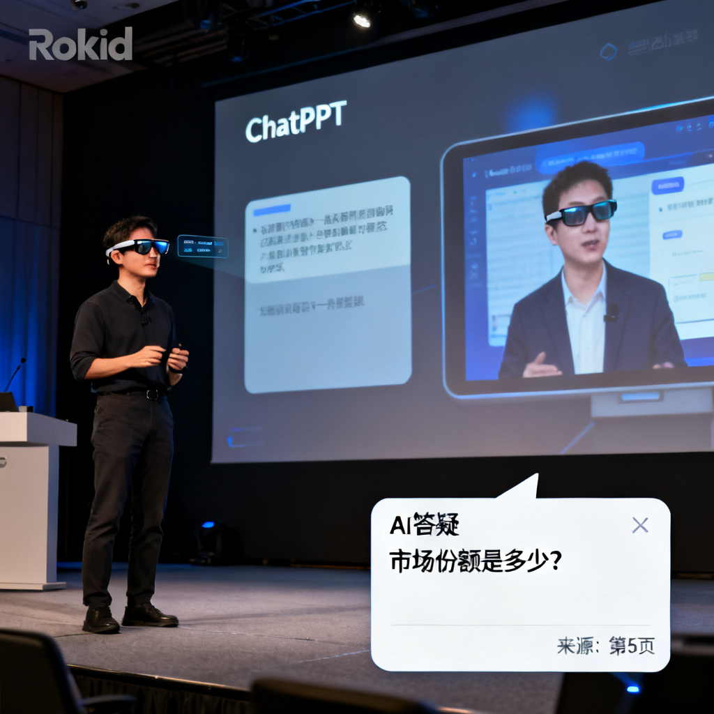 一个用户佩戴Rokid智能眼镜站立演讲,眼镜镜片上显示提词内容;旁边大屏幕展示ChatPPT的AI路演视频,右下角弹出一个AI答疑对话框,询问“市场份额是多少?”,AI回答下方用小字标注“来源:第5页”