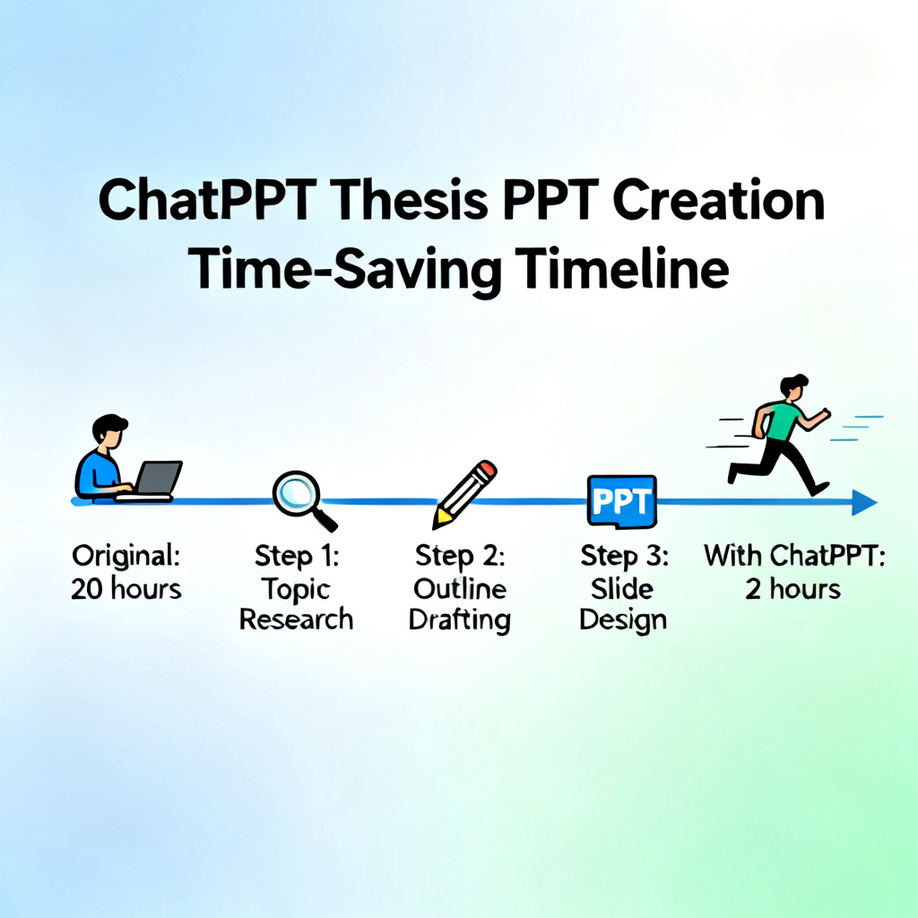 A timeline infographic showing the time saved using ChatPPT for thesis PPT creation, from 20 hours to 2 hours, with icons representing each step.