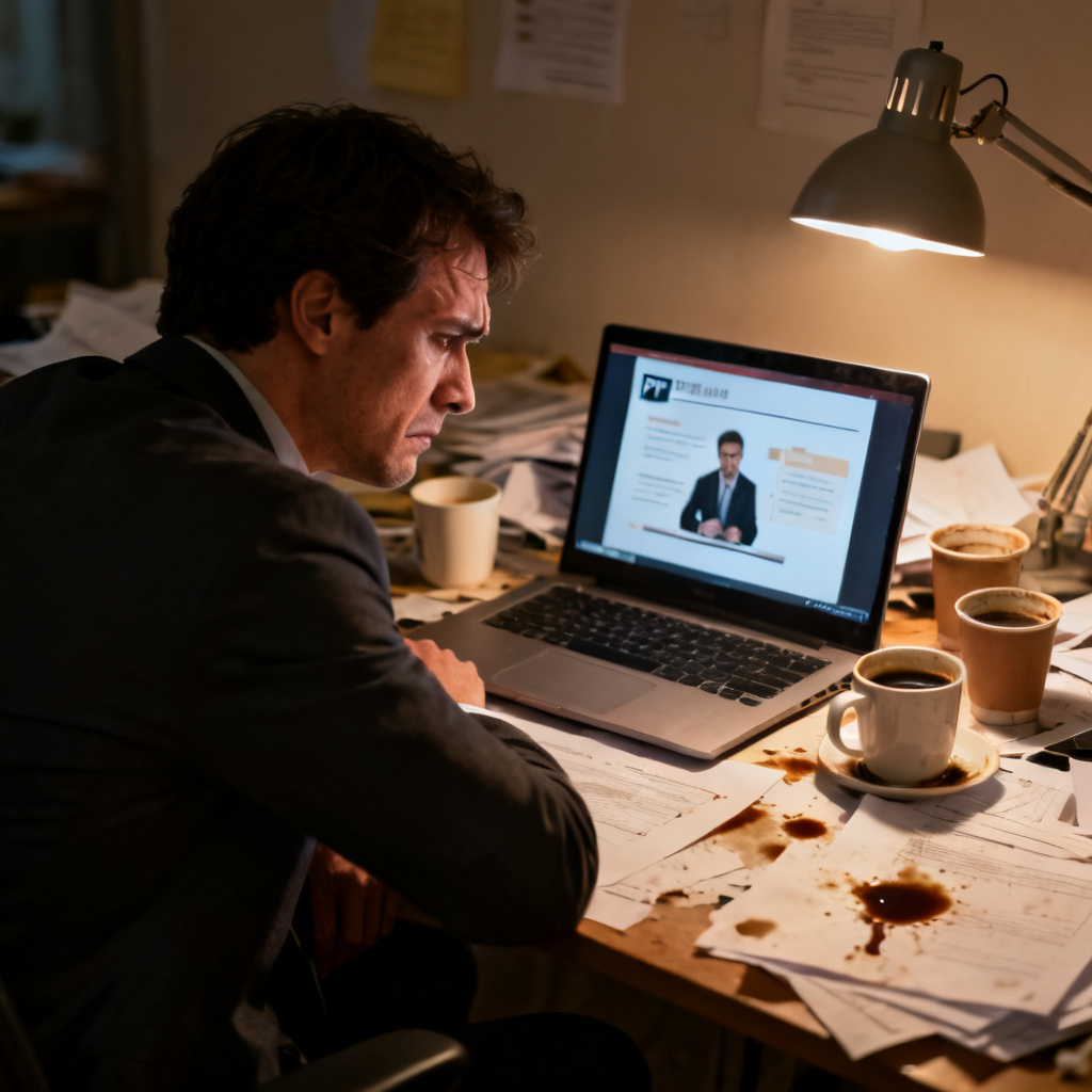 A tired professional sitting at a cluttered desk late at night, surrounded by coffee cups and scattered papers, staring at a laptop screen displaying a PPT slide, with a look of anxiety and frustration.