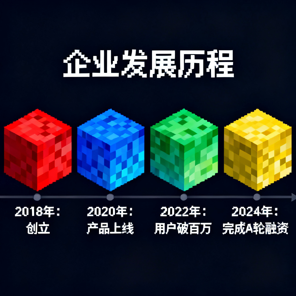 我的世界像素风格的企业发展历程时间轴,方块元素,低多边形纹理,像素字体