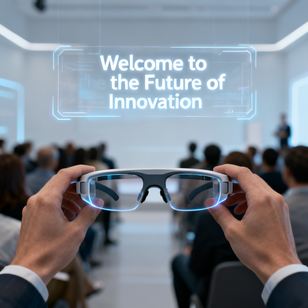 First-person perspective through a pair of smart glasses, showing audience in the blurred background and the AI-generated presentation script floating as translucent text overlay in the upper field of view, futuristic yet clean aesthetic