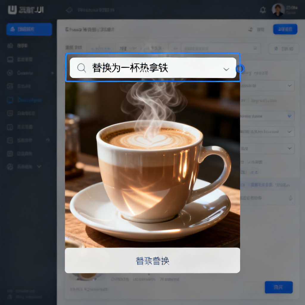 展示Magic涂画功能:用户框选页面中的一杯奶茶,输入“替换为一杯热拿铁”,AI生成替换后的效果,奶茶杯被替换为咖啡杯,蒸汽效果与原有光影风格完美融合,背景元素未受影响。