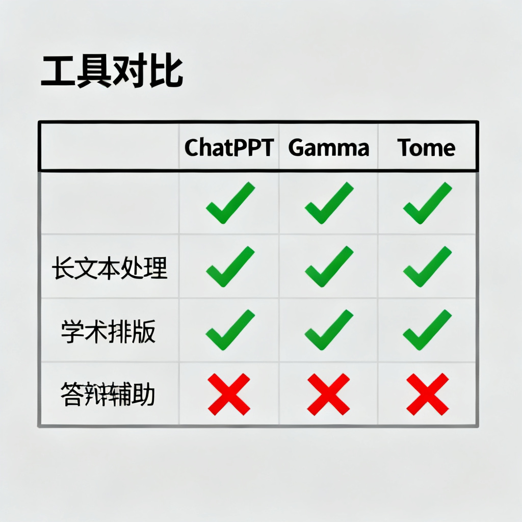 一张表格对比图，列出ChatPPT与Gamma、Tome等工具在长文本处理、学术排版、答辩辅助三个维度的功能对比，ChatPPT各项均标为绿色对勾，其他工具标为红色叉号，风格信息图