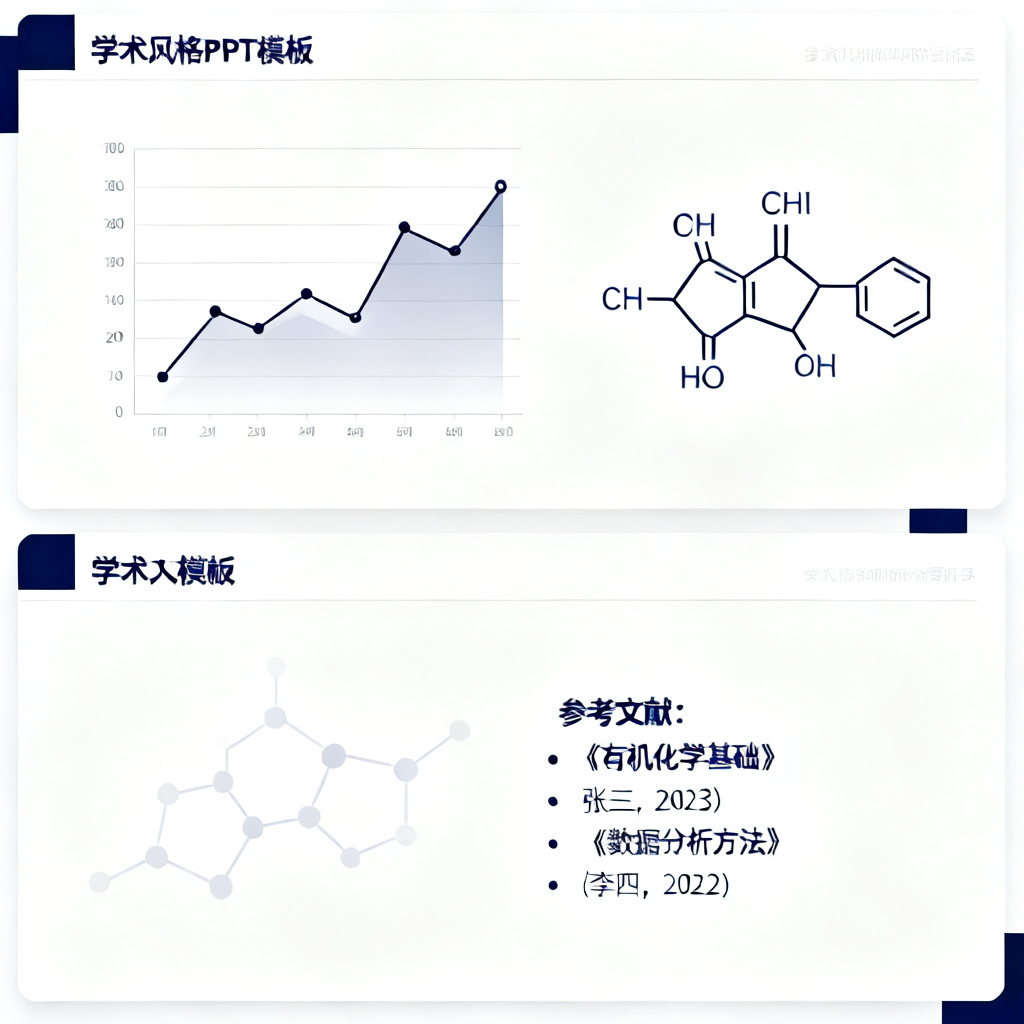 一套学术风格PPT模板展示，包含数据曲线图、化学分子式、参考文献列表，界面干净，白色背景，深蓝点缀，高清渲染
