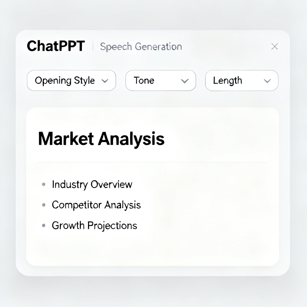 A professional interface of ChatPPT showing the speech generation feature, with options for 'Opening Style', 'Tone', and 'Length'. The interface displays a structured script for a slide titled 'Market Analysis'.