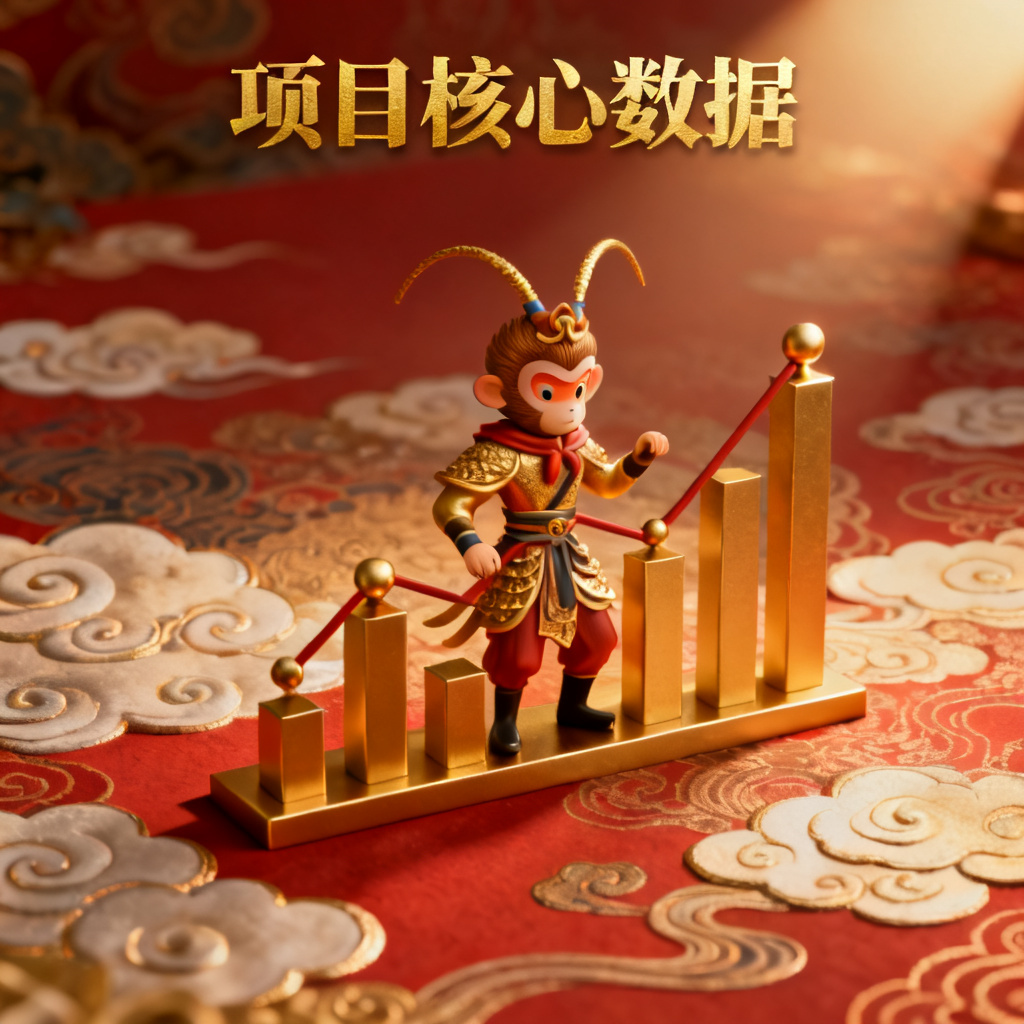 3D西游记风格的商业计划书内页，孙悟空形象作为图表元素，中国风纹理背景，金色与红色配色
