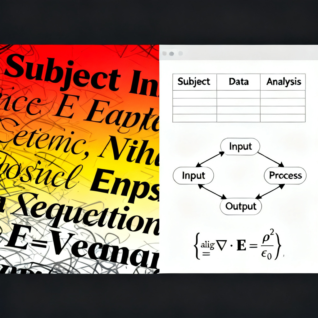 A split-screen comparison: left side shows a messy, cluttered slide with mismatched fonts and a bright gradient background; right side shows a clean, academic slide with a three-line table, vector flowchart, and LaTeX-rendered equations.
