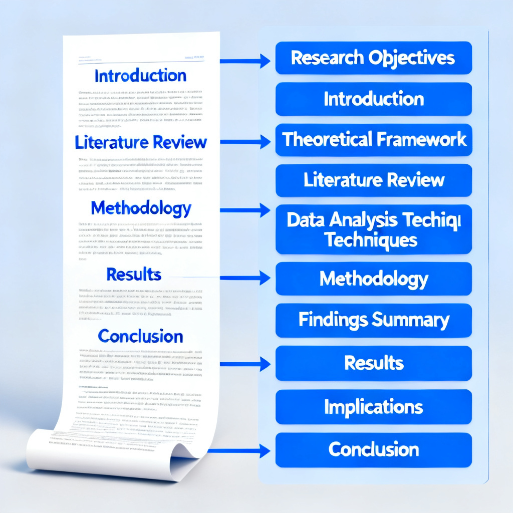 A detailed diagram showing a long academic paper being transformed into a structured slide outline, with arrows indicating logical flow and key points extraction. Style: clean, academic, blue and white color scheme.
