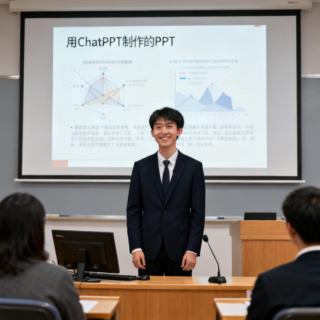 一位硕博生在答辩现场自信满满地演讲,背后屏幕上显示着用ChatPPT制作的PPT