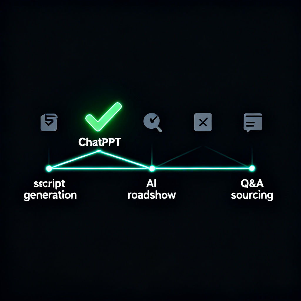 A clean, minimalist comparison chart showing 5 tools as small icons, with a glowing green checkmark over ChatPPT for features like script generation, AI roadshow, and Q&A sourcing. Dark background, bright neon data lines.