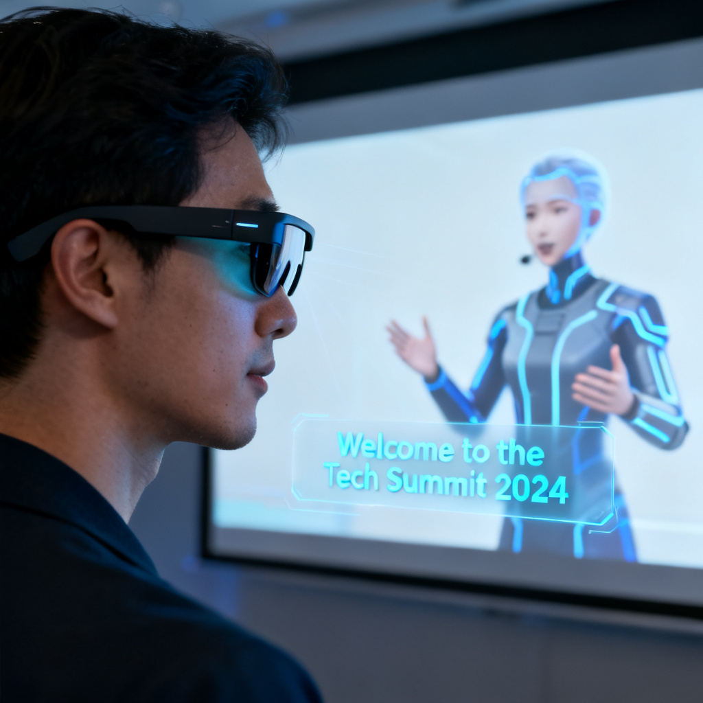 A person wearing smart glasses standing in front of a projection screen. On the screen, a digital avatar is speaking, and the glasses display floating text as a teleprompter.