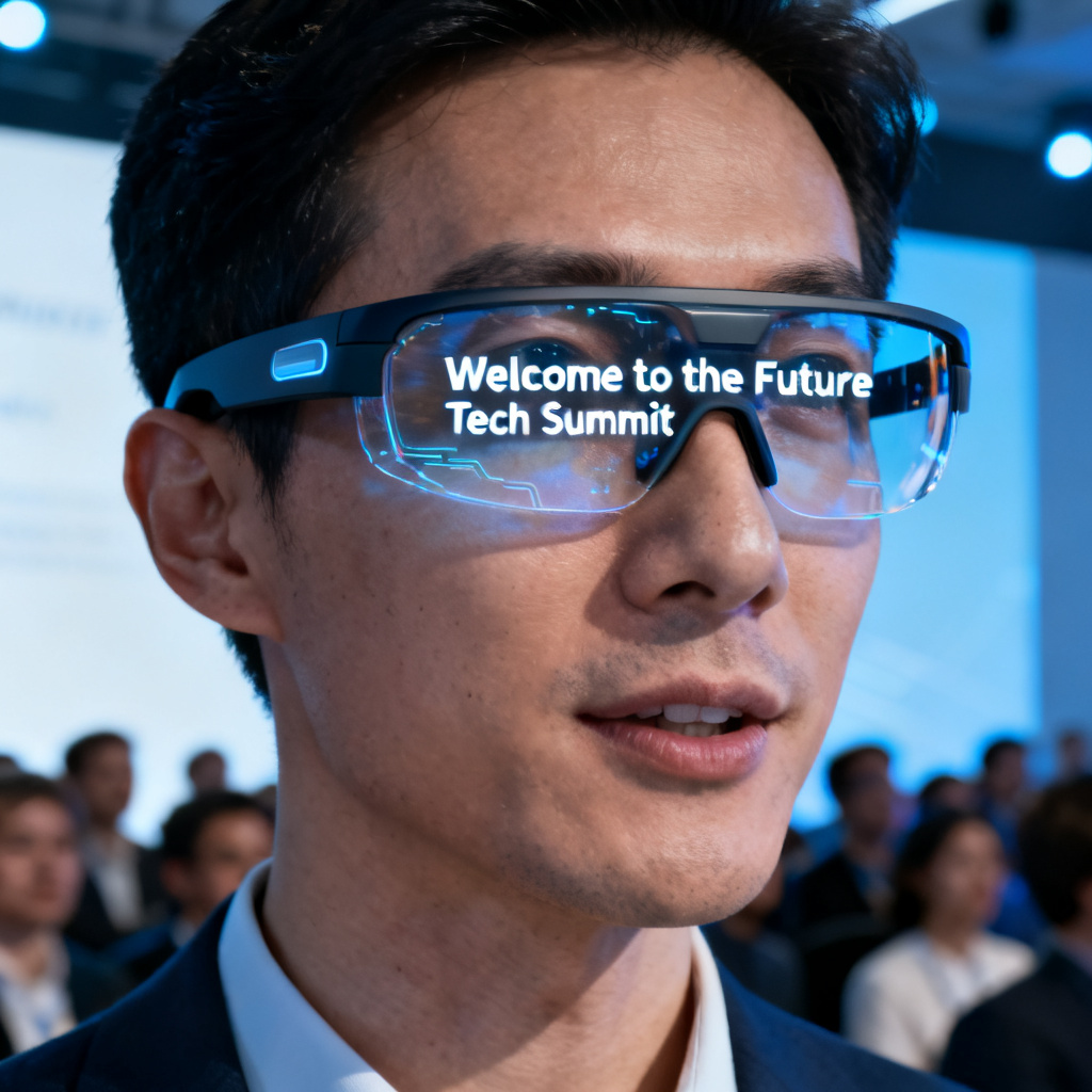 A close-up of a presenter wearing smart glasses, with speech text reflected on the lens, audience in background, futuristic yet realistic style