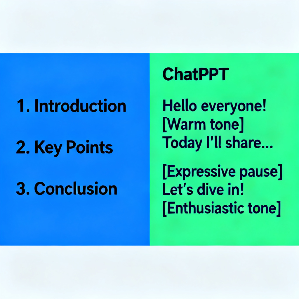 A split-screen comparison: left side shows a traditional PPT with bullet points, right side shows ChatPPT's AI-generated speech script with tone and expression options.
