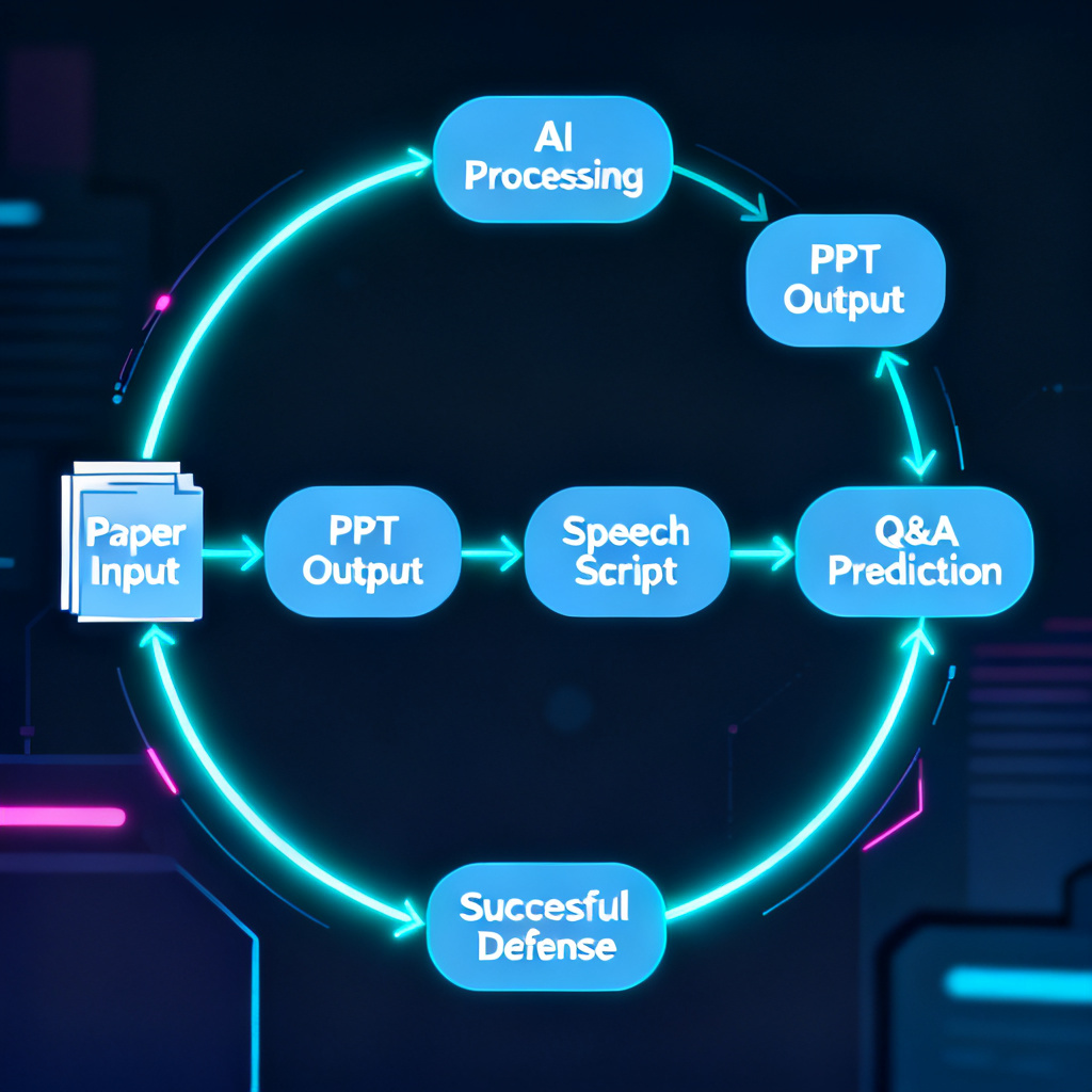 A futuristic illustration showing a complete closed-loop workflow: Paper Input -> AI Processing -> PPT Output -> Speech Script -> Q&A Prediction -> Successful Defense, with all elements connected by glowing lines