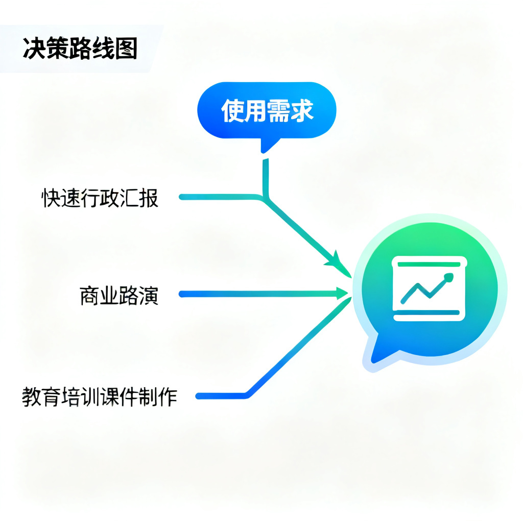 简洁的决策路线图插画，从“使用需求”出发分出三条路径，分别指向“快速行政汇报”、“商业路演”、“教育培训课件制作”，每条路径最终汇合到同一个目标图标上，图标上有一个类似对话气泡内嵌幻灯片图形的符号，扁平化矢量设计，蓝绿渐变色，白色背景，信息层级清晰