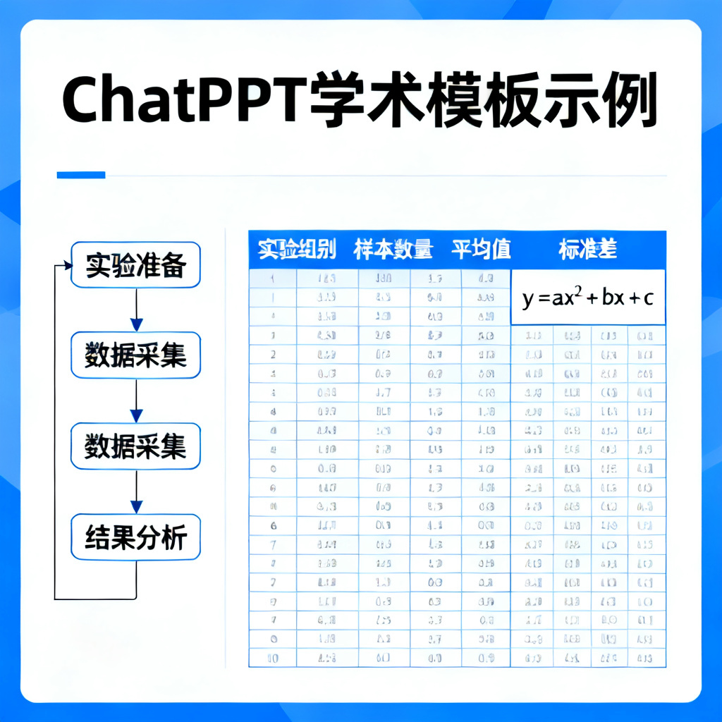 一张学术PPT排版示例，展示ChatPPT内置的学术模板，包含实验流程图、数据对比表和公式，风格严谨清晰。