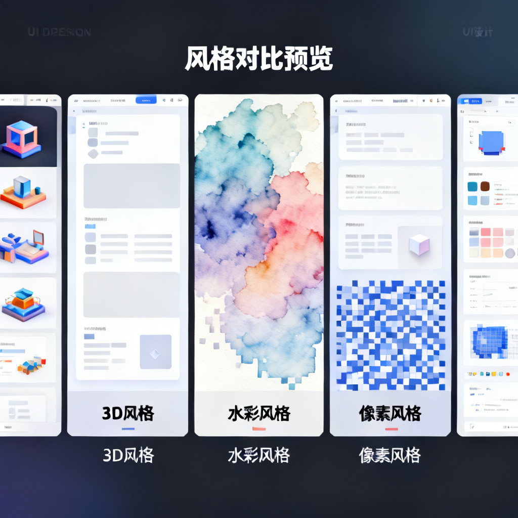 批量生成界面，多页PPT预览，不同风格并排展示，3D风格、水彩风格、像素风格，每页元素可编辑