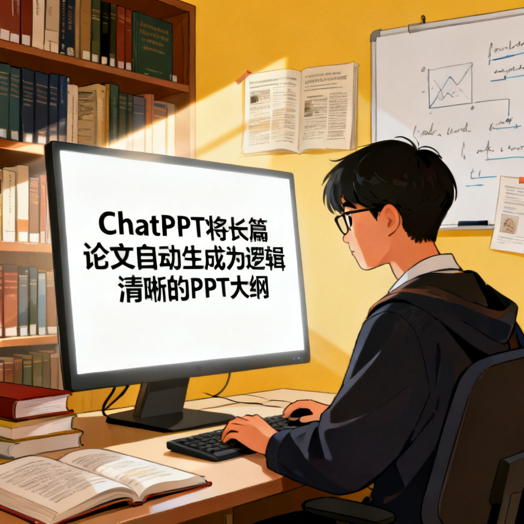 一位研究生在电脑前，屏幕显示ChatPPT将长篇论文自动生成为逻辑清晰的PPT大纲，背景有学术元素