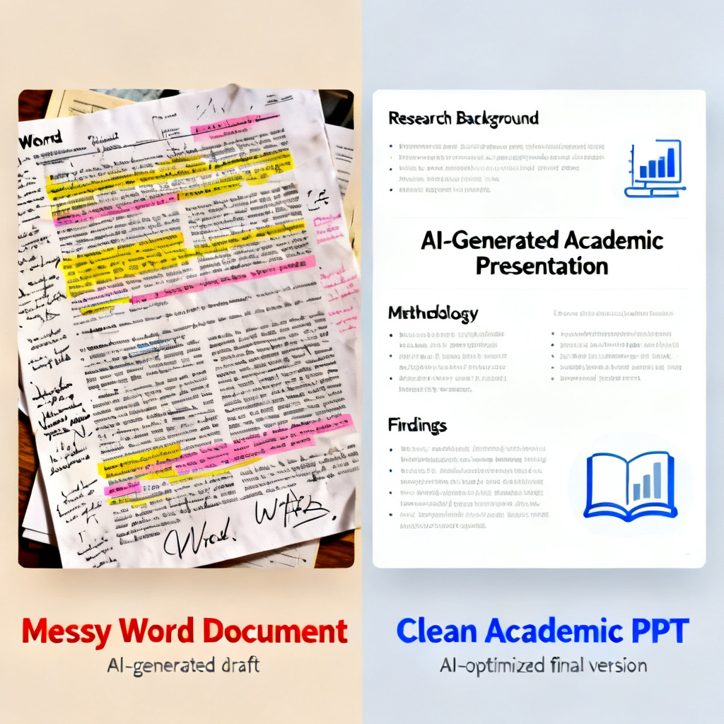 A side-by-side comparison of a messy Word document and a clean, academic PPT slide generated by AI