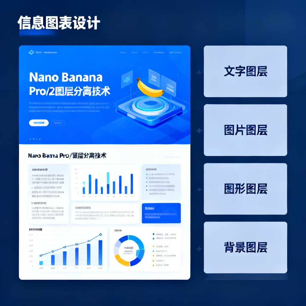 一张展示Nano Banana Pro/2图层分离技术的示意图，左侧为完整PPT页面（包含标题、正文、图表、背景），右侧为分解后的文字、图片、图形、背景四个独立图层