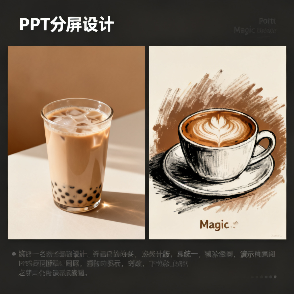 一个PPT页面分屏对比，左侧是原始设计，包含一杯奶茶和背景，右侧用Magic涂画将奶茶替换为一杯咖啡，两者保持相同的光影角度、材质纹理和整体风格
