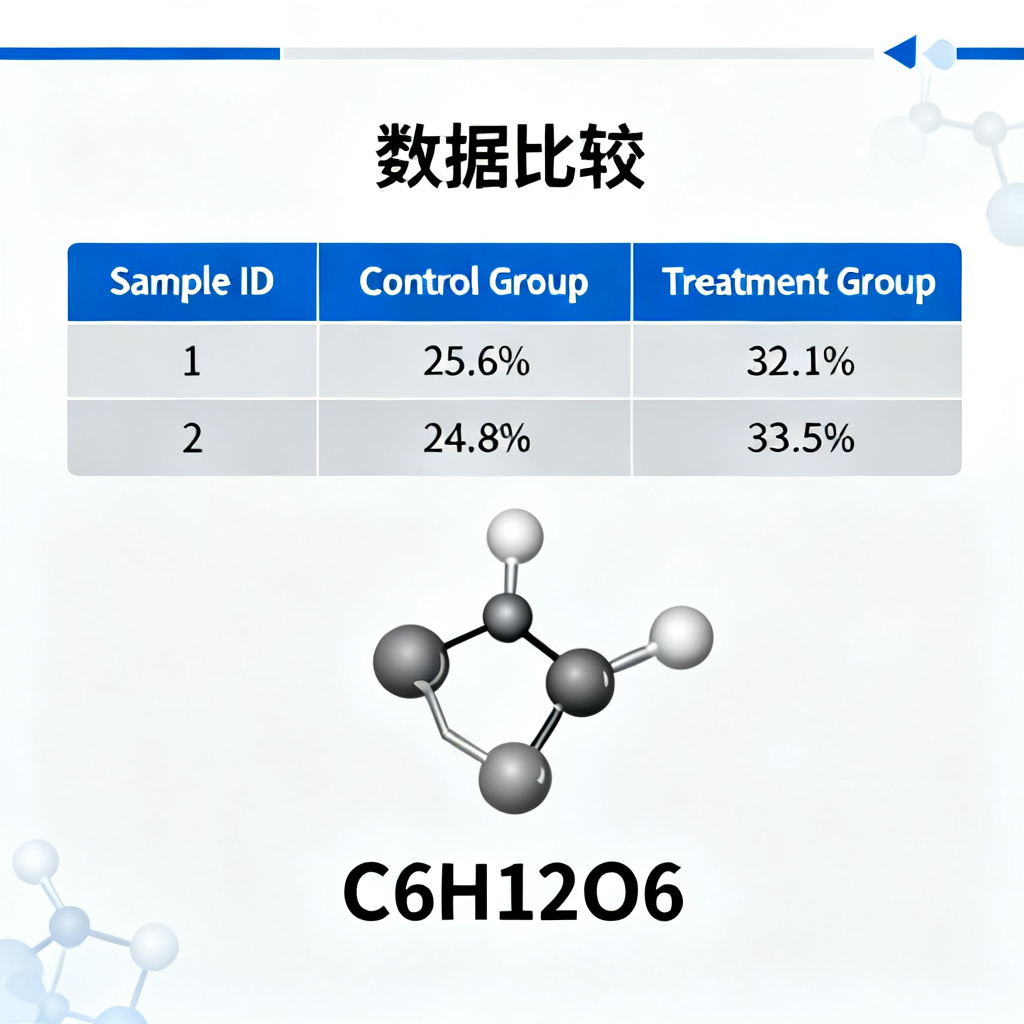 A sample academic PPT page generated by ChatPPT, showing a data comparison table and molecular formula, with clean layout and academic color scheme.