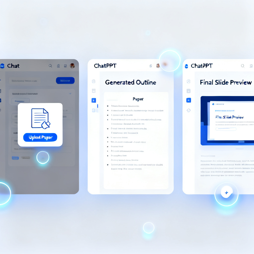 A collage of three screenshots from ChatPPT interface: upload paper, generated outline, and final slide preview, with subtle glowing effects to highlight ease of use