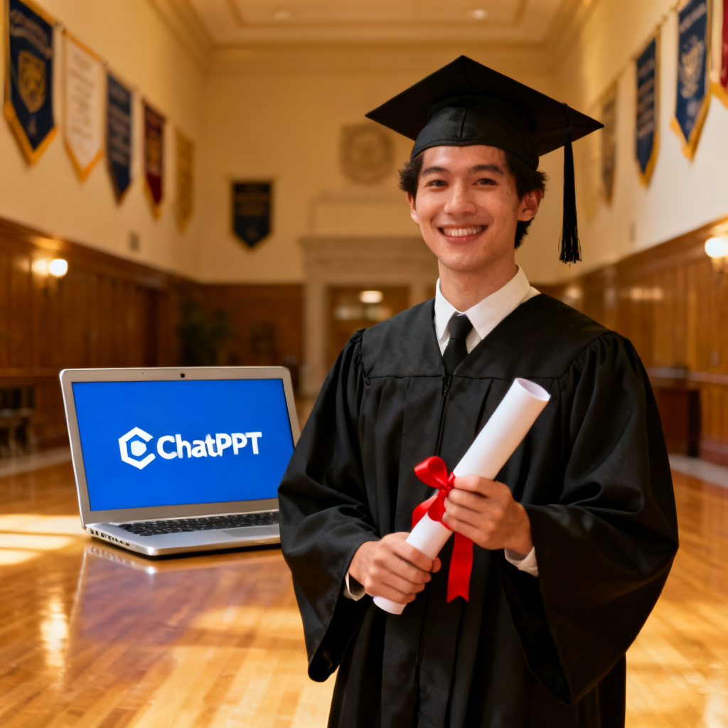 A graduate student in a cap and gown, smiling, holding a diploma, with a laptop showing ChatPPT logo in the background. Style: realistic, warm lighting, celebratory.