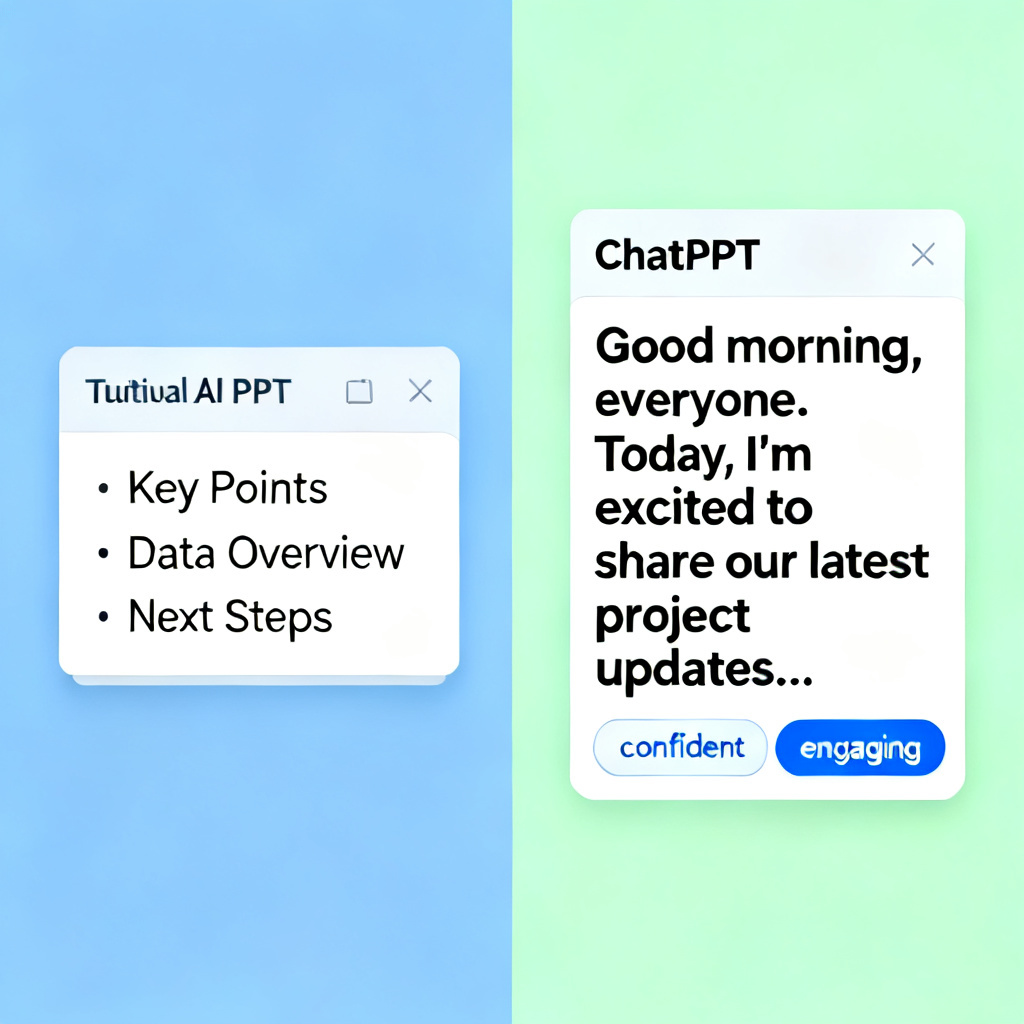 A split-screen comparison: left side shows a traditional AI PPT tool outputting only bullet points, right side shows ChatPPT generating a full, structured speech script with tone options like 'confident' and 'engaging'.