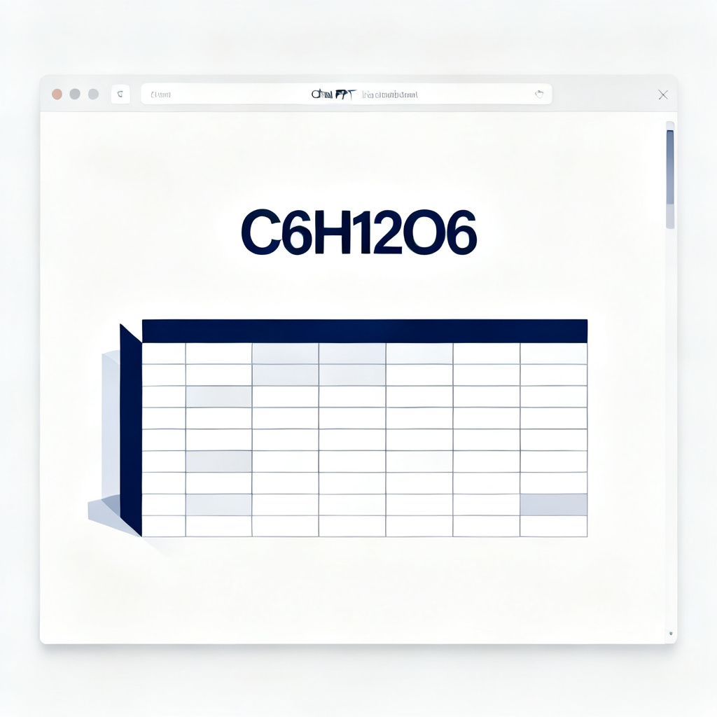 A screenshot-style illustration of ChatPPT's interface, showing a chemical formula (e.g., C6H12O6) rendered in high definition, alongside a multi-dimensional data table with clearly aligned rows and columns. The template is minimal, with a white background and navy blue accent colors, emphasizing clarity.