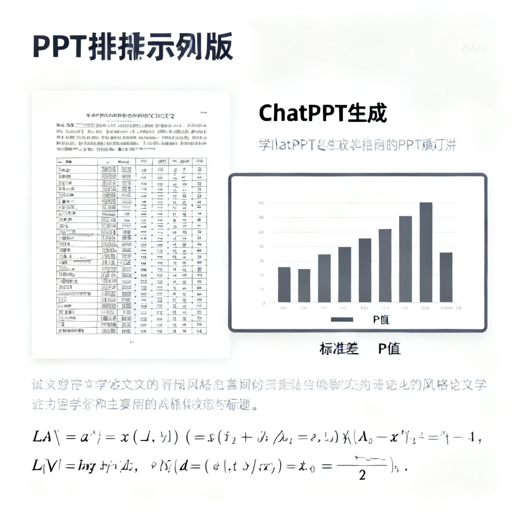一张展示学术PPT排版的示例图。左侧是一张包含复杂数据表格的原始论文页面,右侧是ChatPPT生成的PPT幻灯片,其中数据已被转化为清晰的柱状图,图表下方附有标准差和P值标注;页面底部是一组LaTeX公式,字体清晰,排版整齐。整体背景为白色,文字为深灰色,体现学术风格。