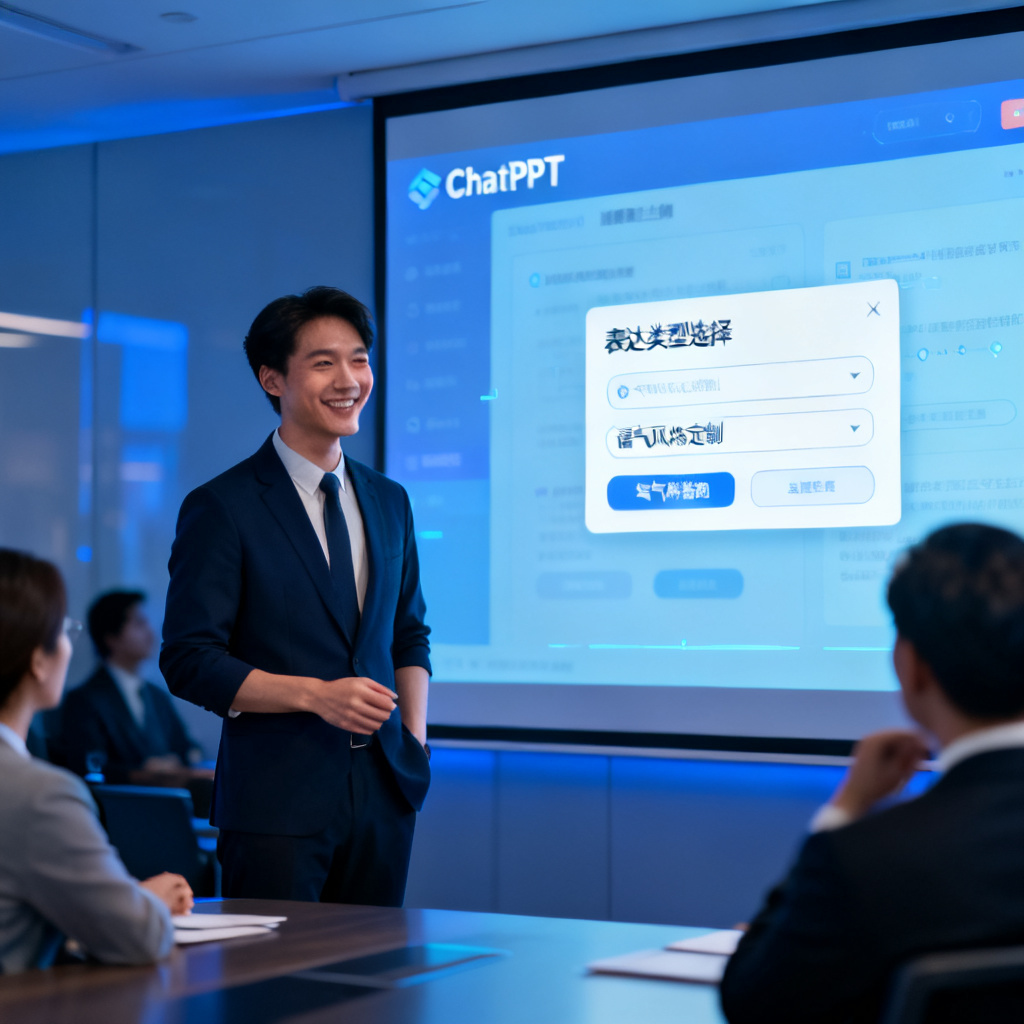 一位职场人士站在会议室里,面前是投影屏幕显示ChatPPT的演讲稿生成界面,界面中突出显示“表达类型选择”和“语气风格定制”选项,人物表情自信,背景是模糊的同事和领导,整体色调为科技蓝