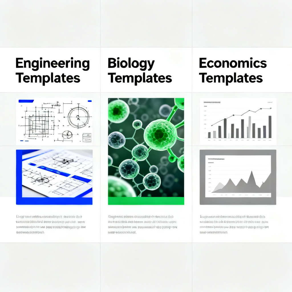 An academic template gallery interface from ChatPPT, showcasing various styles for different disciplines (e.g., engineering, biology, economics).