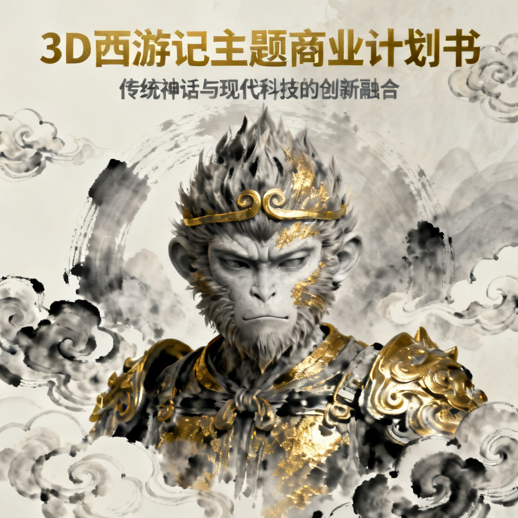 3D西游记风格商业计划书，孙悟空形象，水墨与3D结合，金色纹理，祥云装饰