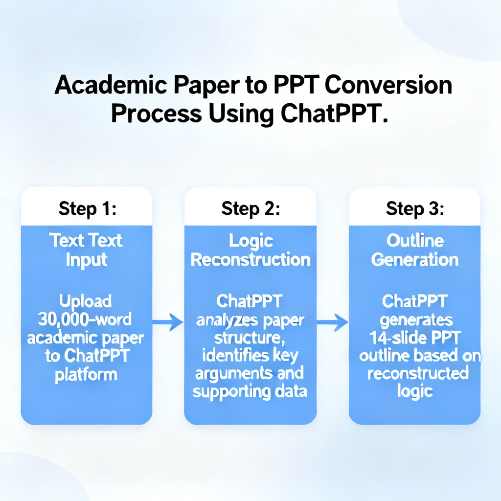 A flowchart showing the process of converting a 30,000-word academic paper into a 14-slide PPT using ChatPPT, highlighting the steps of text input, logic reconstruction, and outline generation.