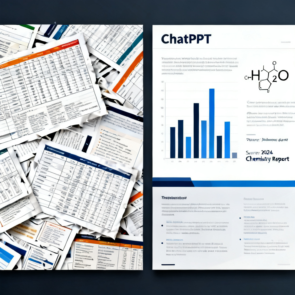 A comparison of two PPT slides: the left slide has a messy layout with unformatted data tables, while the right slide (labeled "ChatPPT") has a clean, professional layout with a well-organized bar chart, chemical formula, and proper citations.