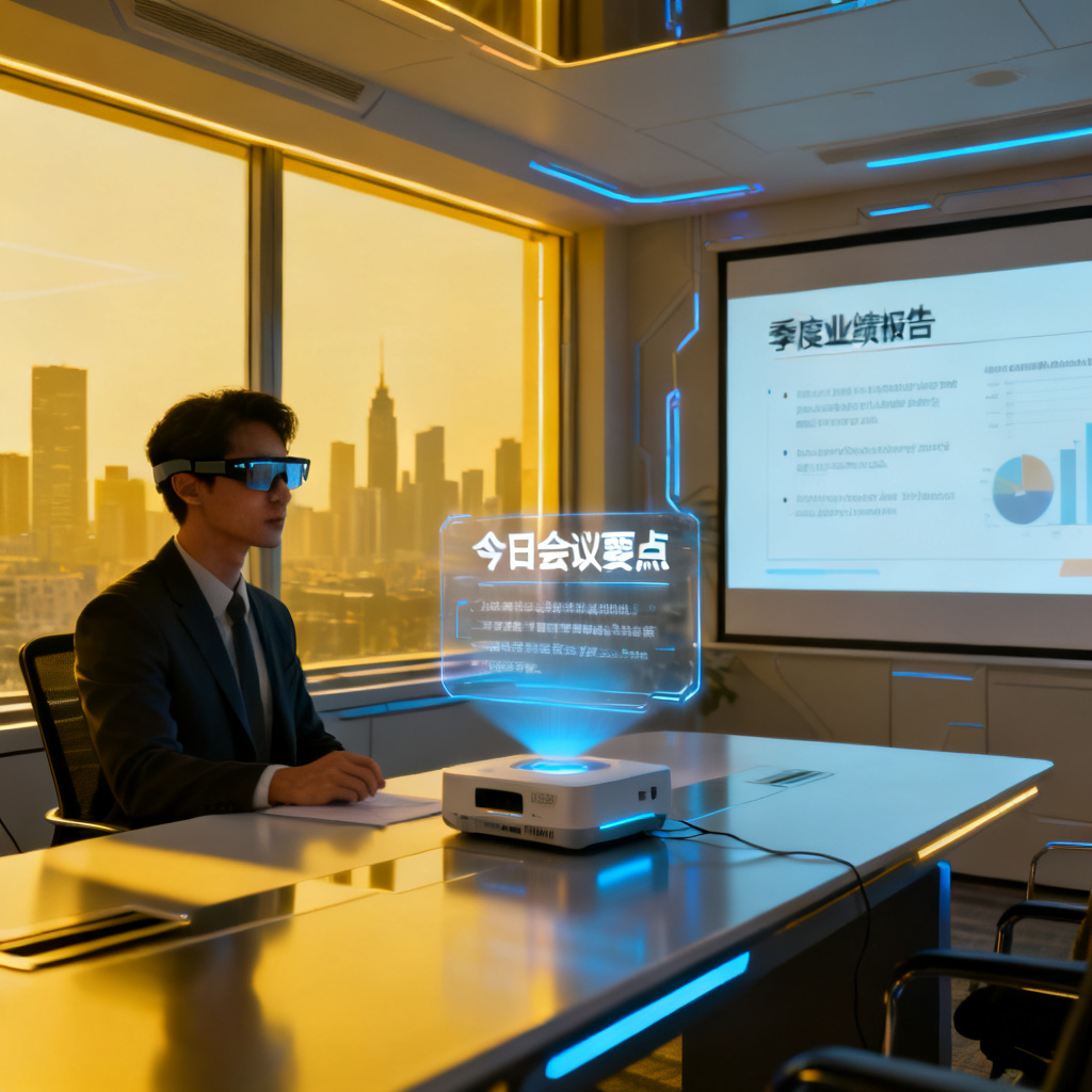未来办公室一景，员工佩戴AI智能眼镜，眼前悬浮着透明的提词文字，桌面上的投影设备正在播放自动演讲的演示文稿，窗外城市天际线，极简设计，暖色调混合冷色调，赛博朋克风格，高细节
