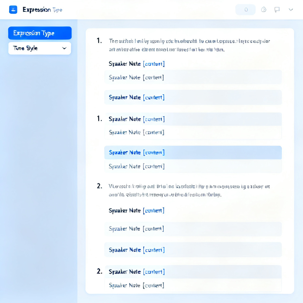 A detailed UI mockup of ChatPPT's speech generation interface, showing a sidebar with 'Expression Type' and 'Tone Style' dropdown menus, and the main panel displaying a structured speech draft with paragraph numbers and speaker notes.