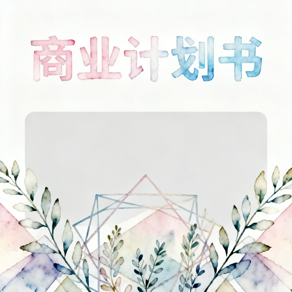 梦幻水彩风，商业计划书封面，柔和的渐变色彩，手绘质感，植物与几何图形结合，留白处理，文艺清新风格，高艺术性