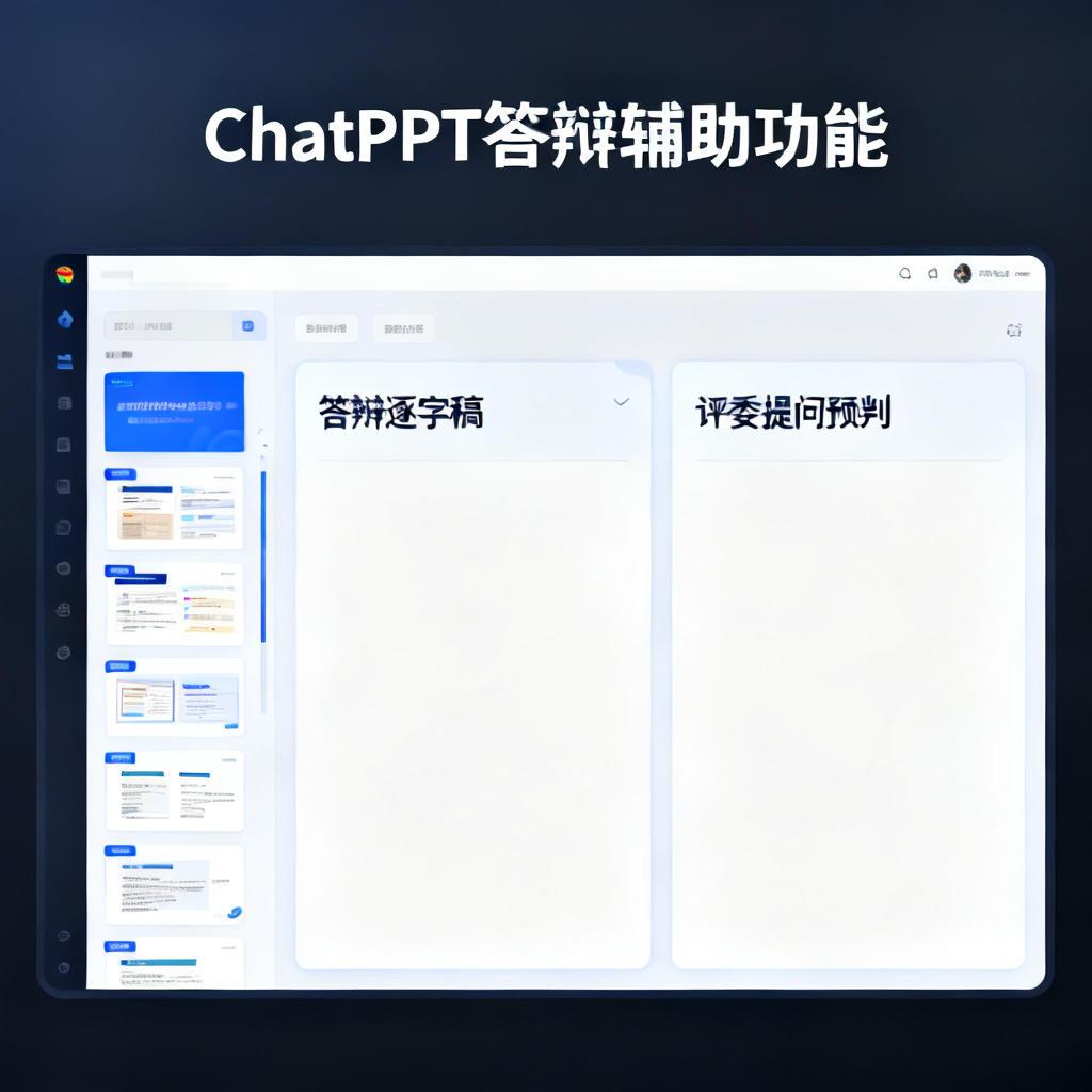 一个软件界面截图，左侧显示PPT缩略图，右侧显示“答辩逐字稿”和“评委提问预判”两个面板，标注“ChatPPT答辩辅助功能”