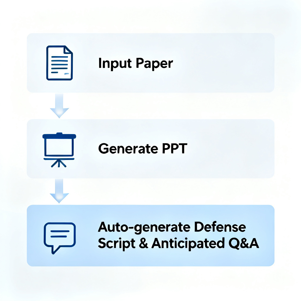 An infographic showing the workflow of ChatPPT: input paper -> generate PPT -> auto-generate defense script and anticipated Q&A, with clear arrows and icons, flat design style